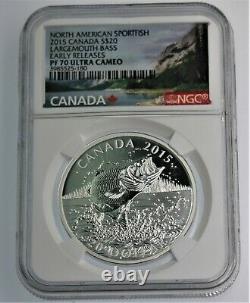 1 oz 2015 Canadian LARGEMOUTH BASS. 999 silver PROOF coin PF70 Ultra Cameo