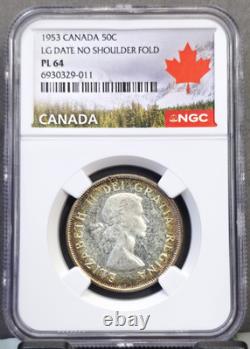 1953 Canada Silver 50 Cents Large Date No Shoulder Fold Ngc Pl 64 Bu Proof Like