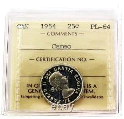 1954 Silver Canada Proof-like 25 Cents Iccs Pl 64 Cameo