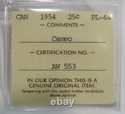 1954 Silver Canada Proof-like 25 Cents Iccs Pl 64 Cameo