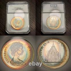 1976 $1 Canada Library Silver Proof Dollar, Old PCI Holder, Rainbow Target Toned