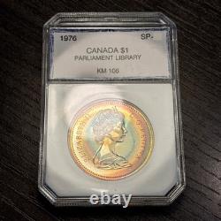 1976 $1 Canada Library Silver Proof Dollar, Old PCI Holder, Rainbow Target Toned