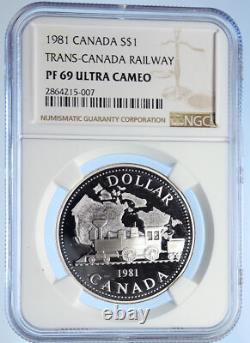 1981 CANADA UK Elizabeth II Railway Train PROOF Silver Dollar Coin NGC i106785