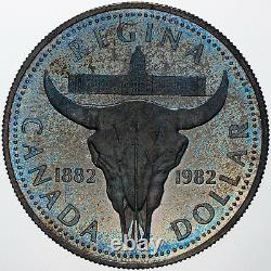 1982 Canada 1 Dollar Regina Centennial Silver Proof Bu Blue Color Toned (mr)