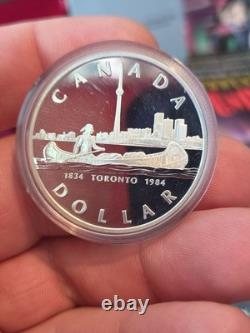 1984 Canada Proof Silver Dollar Toronto 150th Anniversary CN Tower + Canoe
