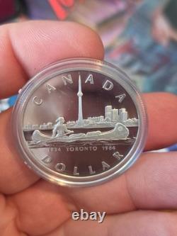 1984 Canada Proof Silver Dollar Toronto 150th Anniversary CN Tower + Canoe