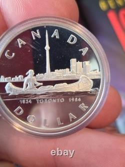 1984 Canada Proof Silver Dollar Toronto 150th Anniversary CN Tower + Canoe