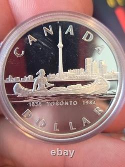 1984 Canada Proof Silver Dollar Toronto 150th Anniversary CN Tower + Canoe