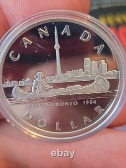 1984 Canada Proof Silver Dollar Toronto 150th Anniversary CN Tower + Canoe