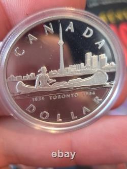 1984 Canada Proof Silver Dollar Toronto 150th Anniversary CN Tower + Canoe