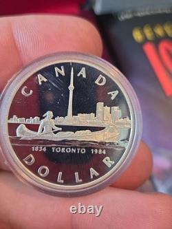 1984 Canada Proof Silver Dollar Toronto 150th Anniversary CN Tower + Canoe