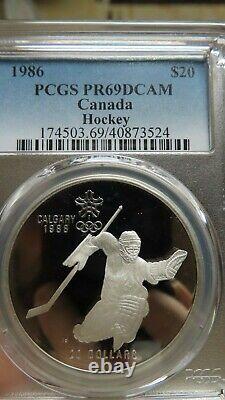 1986 $20 PCGS PR69DCAM Hockey Highest Grade Low Mintage Pop 16 Silver 1oz+
