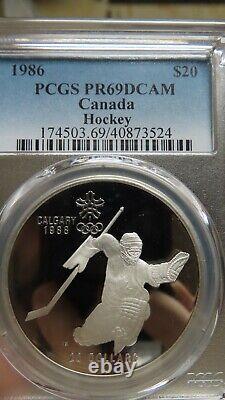 1986 $20 PCGS PR69DCAM Hockey Highest Grade Low Mintage Pop 16 Silver 1oz+