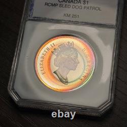 1994 $1 Canada Sled Dog Patrol Silver Proof Dollar, PCI Holder- Rainbow Toned