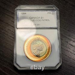 1994 $1 Canada Sled Dog Patrol Silver Proof Dollar, PCI Holder- Rainbow Toned