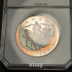 1994 $1 Canada Sled Dog Patrol Silver Proof Dollar, PCI Holder- Rainbow Toned