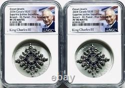 (2) 2024 Canada Silver 1oz PROOF SAPPHIRE JUBILEE SNOWFLAKE BROOCH's NGC PF70 FR