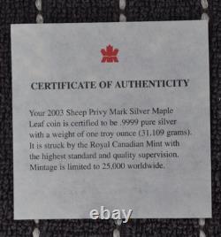 2003 Canada Silver Maple Leaf 1 oz Sheep privy with COA LOW MINTAGE OF 25,000
