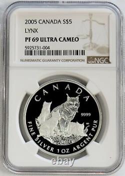 2005 SILVER CANADA 1 oz LYNX $5 PROOF COIN NGC PF 69 ULTRA CAMEO