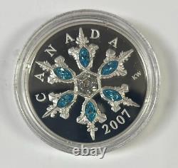 2007 Canadian $20 Sterling Silver Blue Crystal Snowflake Coin With OGP & COA