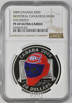 2009 Canada $20 Hockey Goalie Mask Montreal Canadiens Ngc Pf69 Uc Silver Coin