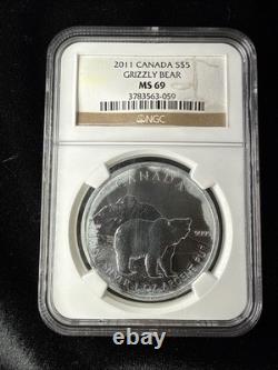 2011 Grizzly Bear 1 Oz Silver NGC MS-69 Canadian Silver S$5 Canada TOP POP