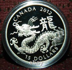 2012 CANADA $15 LUNAR YEAR OF THE DRAGON. 9999 1OZ PROOF SILVER COIN WithBOX & COA