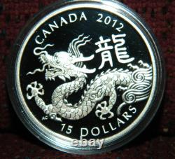 2012 CANADA $15 LUNAR YEAR OF THE DRAGON. 9999 1OZ PROOF SILVER COIN WithBOX & COA