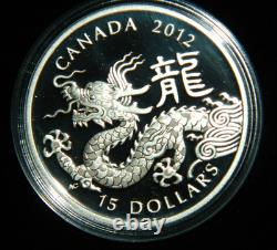2012 CANADA $15 LUNAR YEAR OF THE DRAGON. 9999 1OZ PROOF SILVER COIN WithBOX & COA