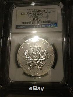 2013 $5 CANADA SILVER 1 OZ MAPLE LEAF REVERSE PROOF NGC PF70 25TH ANNIVERSARY Fr