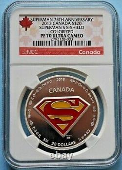 2013 SUPERMAN S-SHIELD SILVER COIN 75th ANNV CANADA $20 COLORIZED PF70 UC withBOX