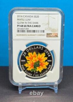 2014 CANADA $20 1oz GLOW IN THE DARK MAPLE LEAVES NGC PF68 UC 999 SILVER COIN