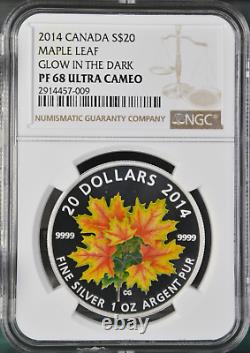 2014 CANADA $20 1oz GLOW IN THE DARK MAPLE LEAVES NGC PF68 UC 999 SILVER COIN