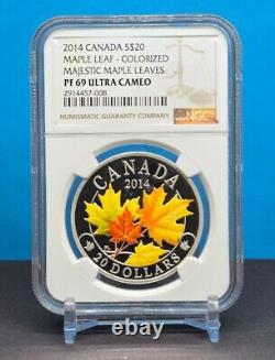 2014 CANADA $20 1oz MAJESTIC MAPLE LEAVES /w COLOR NGC PF69 UC 999 SILVER COIN