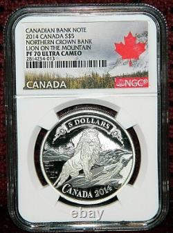 2014 CANADA $5 NORTHERN CROWN BANK LION SILVER COIN WithBOX NGC PF 70 ULTRA CAMEO