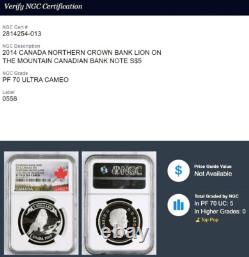2014 CANADA $5 NORTHERN CROWN BANK LION SILVER COIN WithBOX NGC PF 70 ULTRA CAMEO