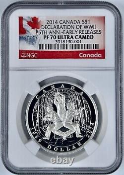 2014 Canada $1 Declaration of WWII 75th Anniversary Silver Coin NGC PF70UCAM ER