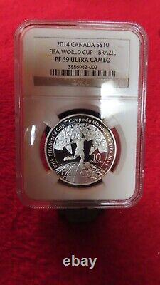 2014 Canada $10 99.99 Pure Silver Proof Fifa World Cup Soccer Brazil Ngc Pf69