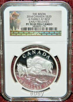 2014 Canada $20 The Bison A Family At Rest Silver Coin Pf70 Ultra Cameo Er+ogp
