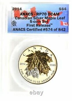 2014 Canada Silver Maple Leaf 5 Coin Set First Releases ANACS RP70 DCam Gilded