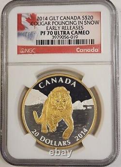 2014 Gilt Canada $20 Cougar Pouncing in Snow Colorized Silver Coin NGC PF70 UC