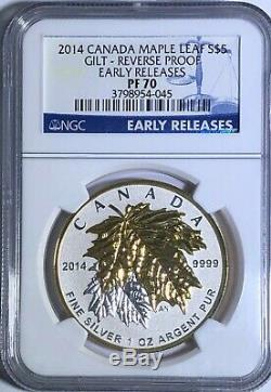 2014 Ngc Pf70 Reverse Proof Gilt Canada Maple Leaf Early Release $5