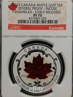 2015 $5 Canada Silver Maple Leaf Ngc Pf70 Er Reverse Proof Incuse Enameled 1 Oz