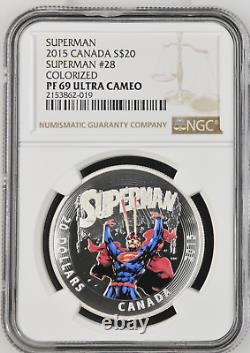 2015 Canada $20 Superman #28 Ngc Pf69 Uc. 999 Silver Colorized Coin