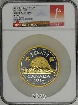 2015 Canada 5oz Big Coin Beaver First Day of Issue Silver Gilt NGC PF70 Proof