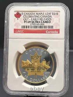 2015 Celebrating Canada Maple Leaf Gold Gild Gilt $10 Silver. 9999 NGC PF 69