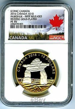2016 $10 Canada 1/2 Oz Silver Inukshuk Ngc Pf70 Reverse Gold Plate Proof Fs