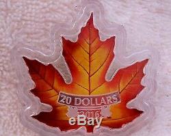 2016 $20 Canadian Maple Leaf Shaped Coin, 99.99% Pure Silver Color Proof Canada