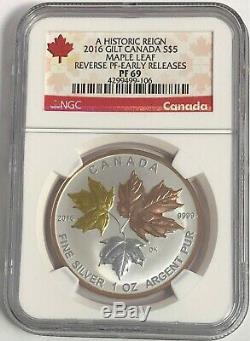 2016 $5 Canada Silver Maple Leaf Gilt Ngc Pf69 Reverse Proof Er Pink Gold 1 Oz