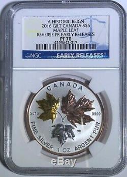 2016 $5 Canada Silver Maple Leaf Gilt Ngc Pf70 Er Ucam Reverse Proof 1 Oz. 9999